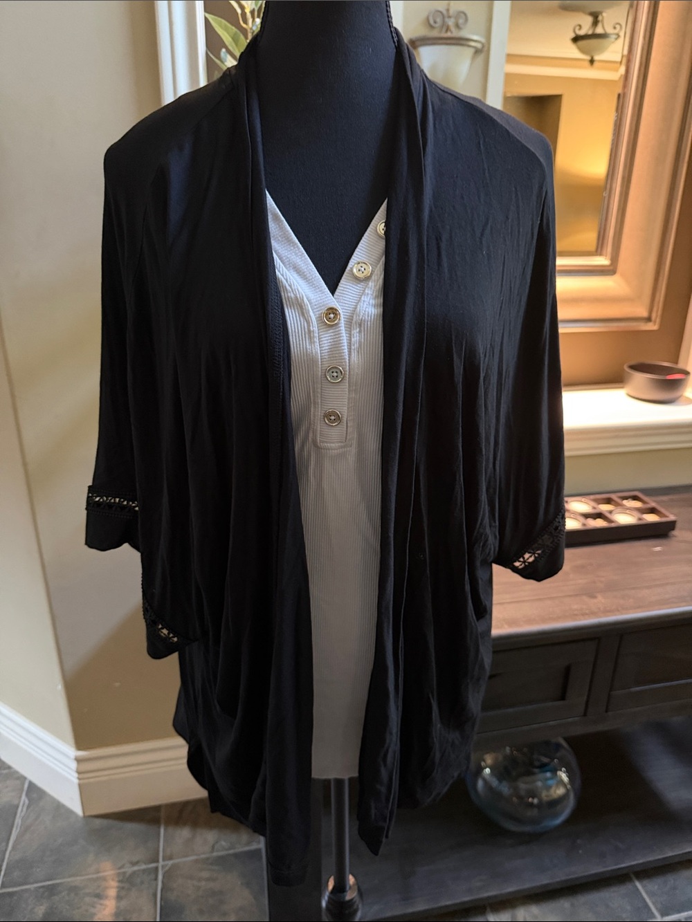 Penningtons Black Open-Front Draped Kimono Tunic with Short Sleeves